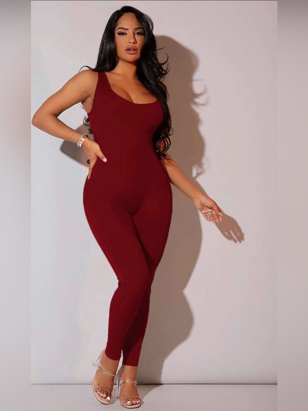 Sleeveless Scoop Neck Stretch Jumpsuit in Burgundy
